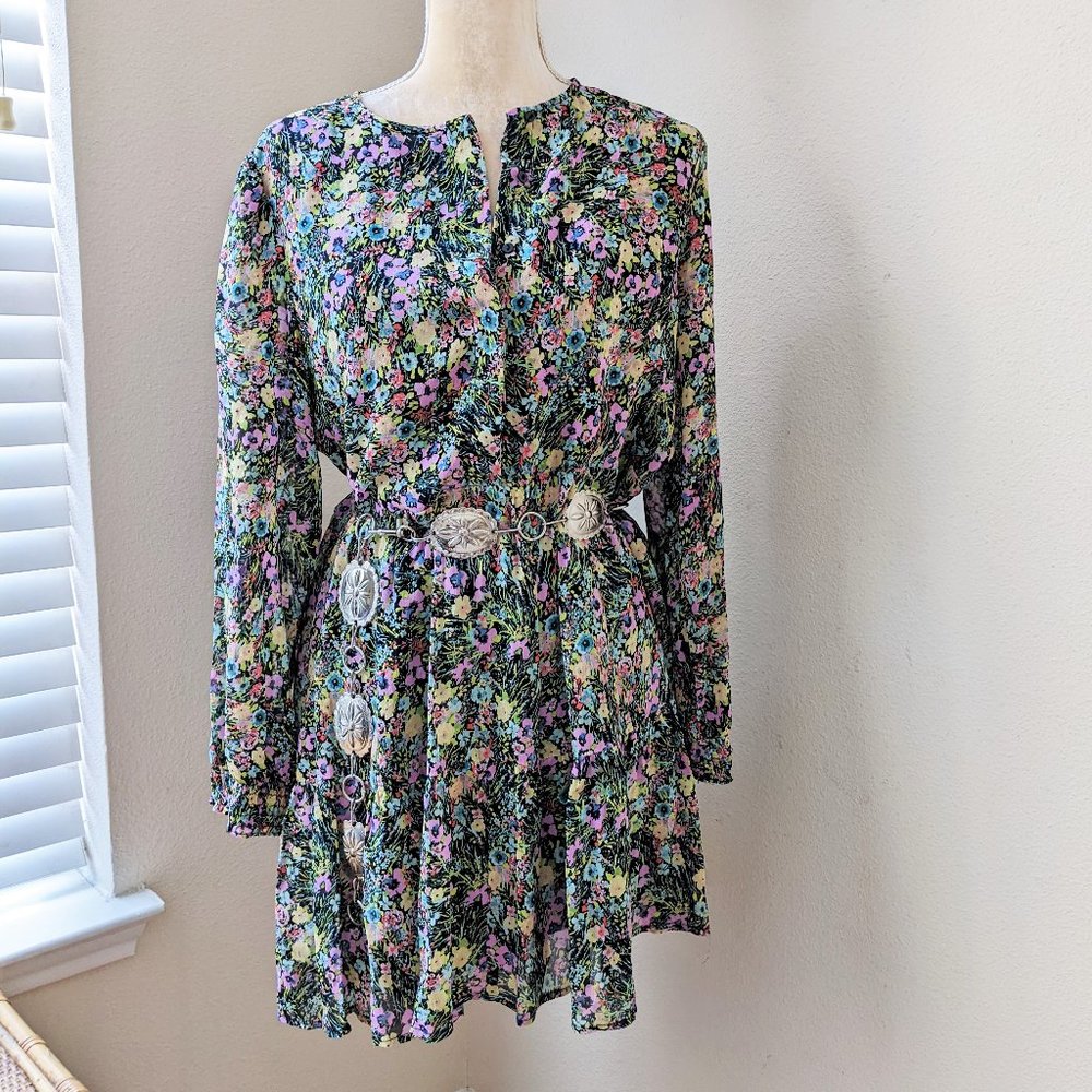 Zara Floral Mini Dress in Black with Purple, Green, and Pink Accents